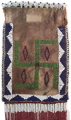 Apache Nat American Antique Hndswn Glass Bead/deerskin Whirling Log Symbol Pouch