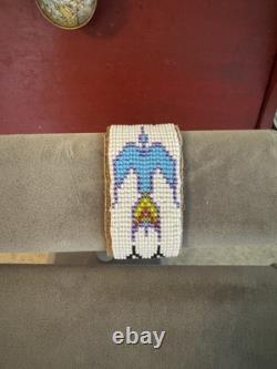 Authentic Native American Beaded Bracelet On Leather Backing