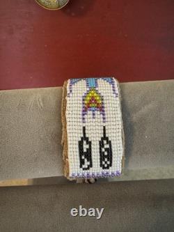 Authentic Native American Beaded Bracelet On Leather Backing