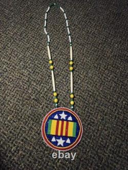 Authentic Native American Beaded Vietnam Veteran Medallion Necklace -Signed