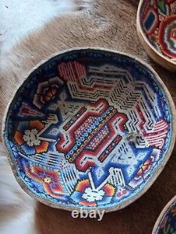 Awesome Older Native American Wixaritari Huichol Beaded Gourd Prayer Bowls 7