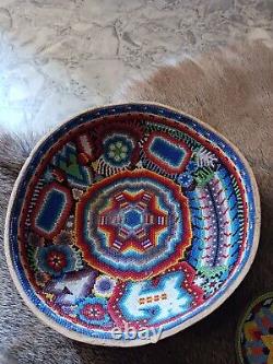 Awesome Older Native American Wixaritari Huichol Beaded Gourd Prayer Bowls 7