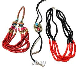 Awesome lot of old vintage Native American beaded layered necklaces black red