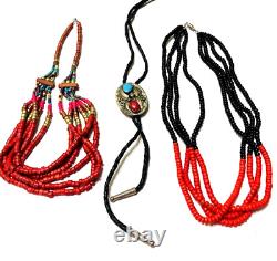 Awesome lot of old vintage Native American beaded layered necklaces black red