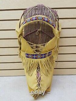 Beaded Geometric Design Buckskin Willow Wood Native American Indian Cradleboard