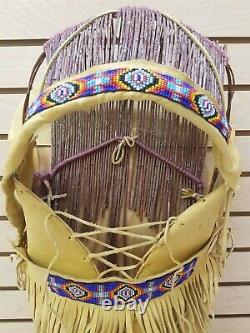 Beaded Geometric Design Buckskin Willow Wood Native American Indian Cradleboard