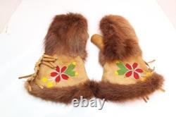 Beaded Native American Antique Gauntlets Fur Leather Cree Indian Gloves 13