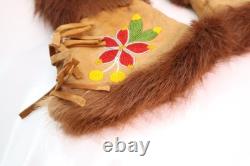 Beaded Native American Antique Gauntlets Fur Leather Cree Indian Gloves 13