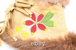 Beaded Native American Antique Gauntlets Fur Leather Cree Indian Gloves 13