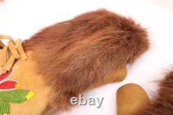 Beaded Native American Antique Gauntlets Fur Leather Cree Indian Gloves 13