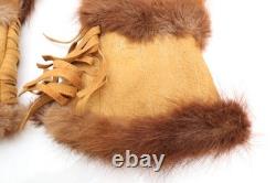 Beaded Native American Antique Gauntlets Fur Leather Cree Indian Gloves 13