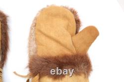 Beaded Native American Antique Gauntlets Fur Leather Cree Indian Gloves 13