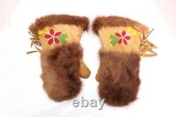 Beaded Native American Antique Gauntlets Fur Leather Cree Indian Gloves 13