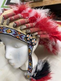 Beaded Native American Head Dress Signed By Wondering Deer