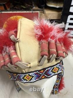 Beaded Native American Head Dress Signed By Wondering Deer