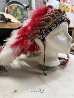 Beaded Native American Head Dress Signed By Wondering Deer