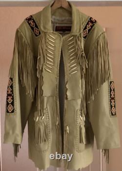 Beaded and Fringed Men's Leather Coat with Native American Motif by 3B West