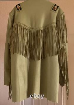 Beaded and Fringed Men's Leather Coat with Native American Motif by 3B West
