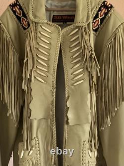 Beaded and Fringed Men's Leather Coat with Native American Motif by 3B West