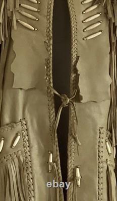 Beaded and Fringed Men's Leather Coat with Native American Motif by 3B West