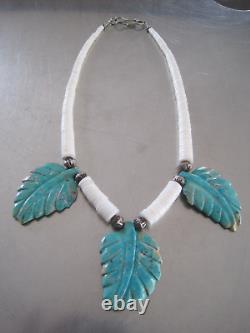 Beautiful Native American Unusual Vintage Turquoise Heishi Carved Leaf Necklace