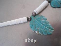 Beautiful Native American Unusual Vintage Turquoise Heishi Carved Leaf Necklace