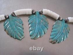 Beautiful Native American Unusual Vintage Turquoise Heishi Carved Leaf Necklace