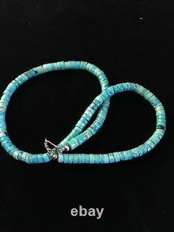 Blue Turquoise Heishi Sterling Silver Necklace Navajo Pearls Graduated 20 1755