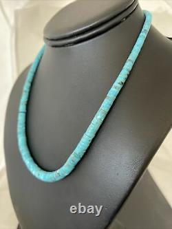 Blue Turquoise Heishi Sterling Silver Necklace Navajo Pearls Stab Graduated 1184