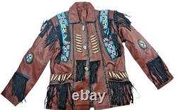 Brown Leather Beaded Native American Style Eagle Biker Jacket Suede Fringe sz40