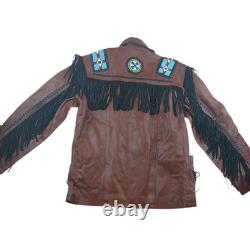 Brown Leather Beaded Native American Style Eagle Biker Jacket Suede Fringe sz40
