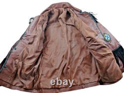 Brown Leather Beaded Native American Style Eagle Biker Jacket Suede Fringe sz40