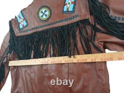 Brown Leather Beaded Native American Style Eagle Biker Jacket Suede Fringe sz40