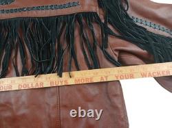 Brown Leather Beaded Native American Style Eagle Biker Jacket Suede Fringe sz40