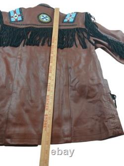 Brown Leather Beaded Native American Style Eagle Biker Jacket Suede Fringe sz40