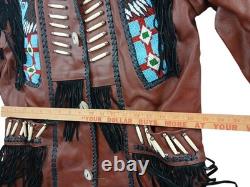 Brown Leather Beaded Native American Style Eagle Biker Jacket Suede Fringe sz40