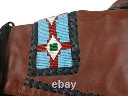 Brown Leather Beaded Native American Style Eagle Biker Jacket Suede Fringe sz40