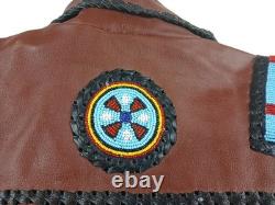 Brown Leather Beaded Native American Style Eagle Biker Jacket Suede Fringe sz40