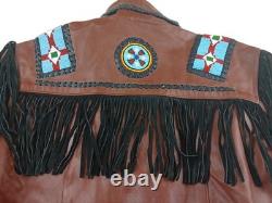 Brown Leather Beaded Native American Style Eagle Biker Jacket Suede Fringe sz40
