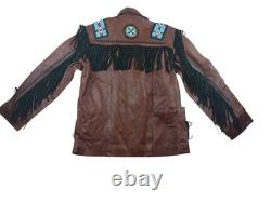 Brown Leather Beaded Native American Style Eagle Biker Jacket Suede Fringe sz40