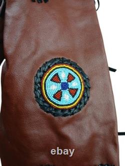 Brown Leather Beaded Native American Style Eagle Biker Jacket Suede Fringe sz40