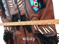 Brown Leather Beaded Native American Style Eagle Biker Jacket Suede Fringe sz40