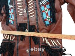 Brown Leather Beaded Native American Style Eagle Biker Jacket Suede Fringe sz40