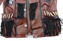 Brown Leather Beaded Native American Style Eagle Biker Jacket Suede Fringe sz40