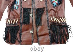 Brown Leather Beaded Native American Style Eagle Biker Jacket Suede Fringe sz40