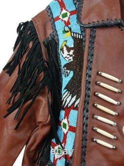 Brown Leather Beaded Native American Style Eagle Biker Jacket Suede Fringe sz40