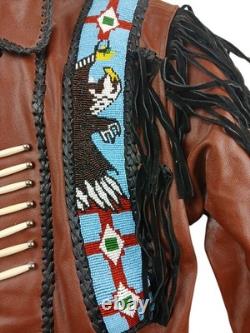 Brown Leather Beaded Native American Style Eagle Biker Jacket Suede Fringe sz40