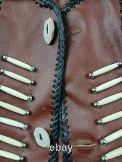Brown Leather Beaded Native American Style Eagle Biker Jacket Suede Fringe sz40