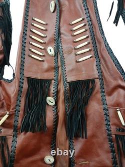 Brown Leather Beaded Native American Style Eagle Biker Jacket Suede Fringe sz40