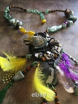 Chippewa tribe natives america ethnic jewelry primitive necklace feathers eagle
